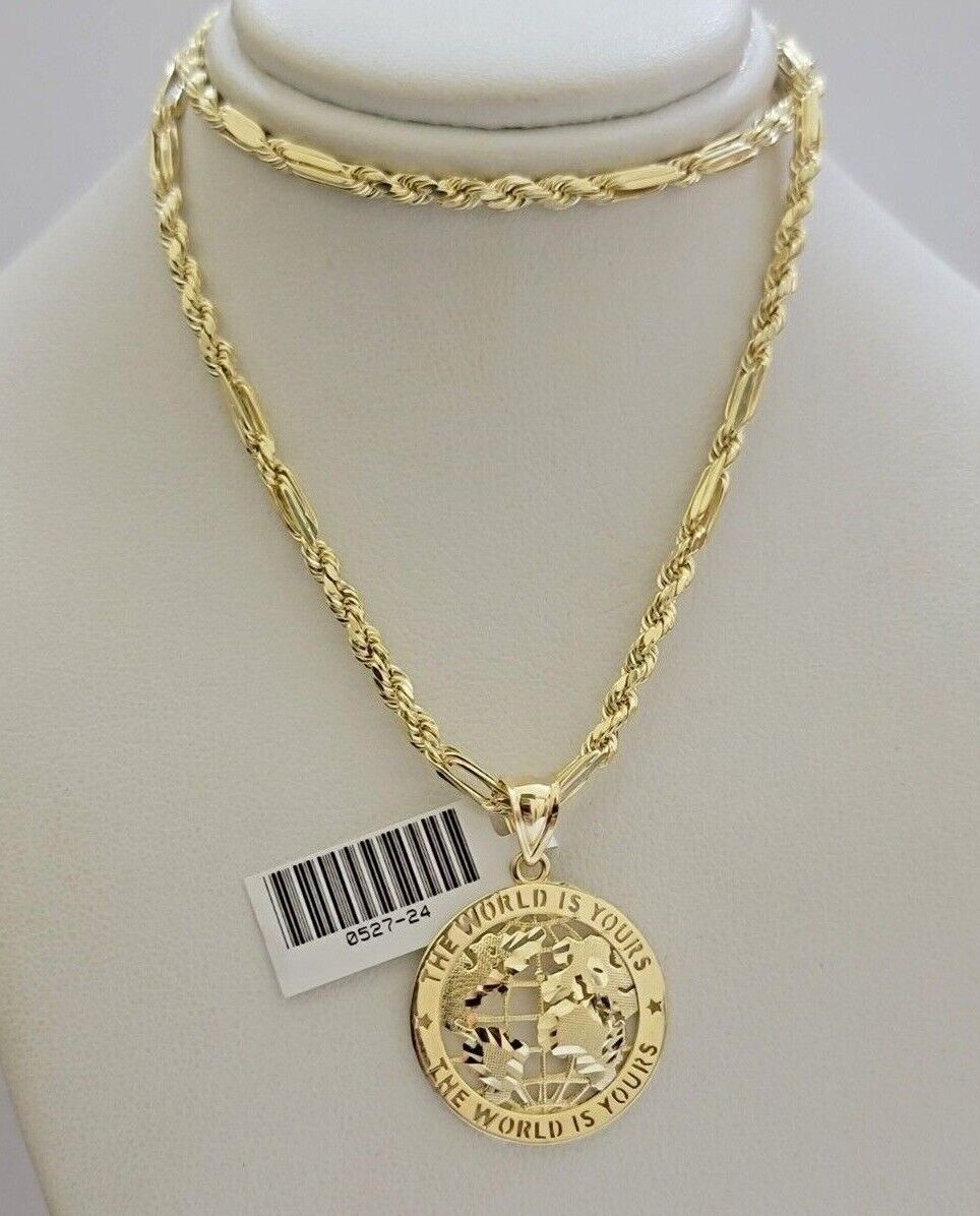 Real 10kt Gold Milano Rope Chain World Map Charm Pendant Set 18 - 24 Inch Necklace - GoldenlinQ